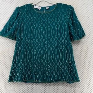 Vintage Lawrence Kazar New York Green Sequin Beaded Silk Top Party Holiday Large